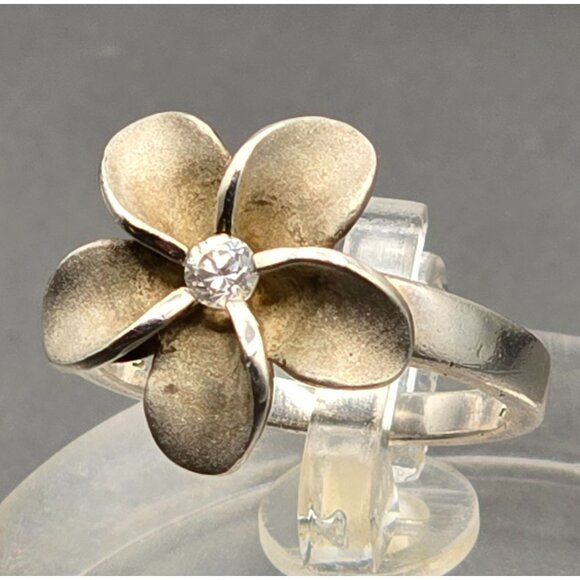 Sterling Silver Plumeria Flower Crystal Ring Size 5.5 Frosted Petal Hawaiian - Picture 7 of 13